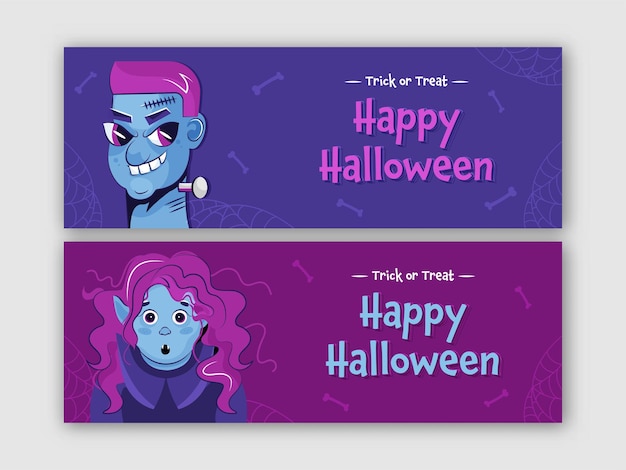 Happy Halloween Banner Or Header Design With Zombie, Female Vampire Or Witch In Two Color Options.