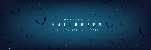 Vector happy halloween banner night scene with flock of bats flying