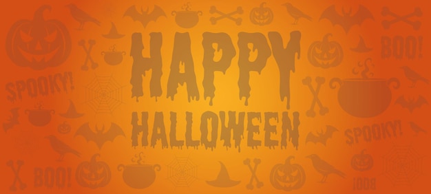 Happy halloween banner Orange halloween background with pumpkin bat bones crow caldron