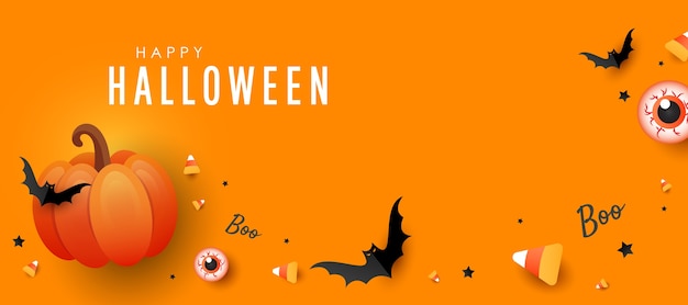 Happy Halloween banner. Orange pumpkin, color candy, big eye.bats on orange background. Horizontal holiday poster, header for website