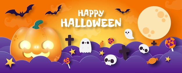 happy halloween banner paper cut style background poster fun party trick or treat