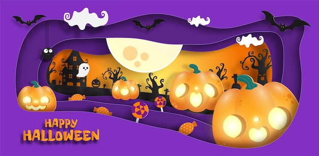 happy halloween banner paper cut style background poster fun party trick or treat