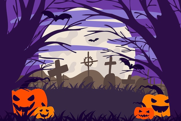 Happy halloween banner or party invitation background with clouds and tombstones bats and pumpkins v...