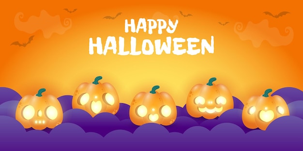 happy halloween banner or party invitation background with night clouds and pumpkins in the sky