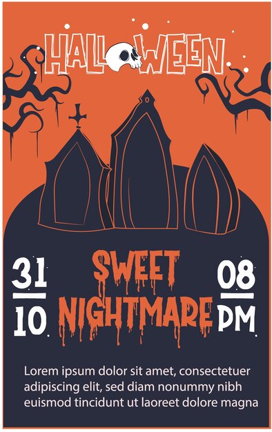 Happy Halloween banner or party invitation background with night clouds and pumpkins. Vector