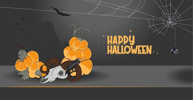 Happy Halloween banner or party invitation background with night clouds and pumpkins