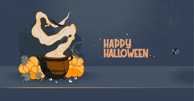 Happy Halloween banner or party invitation background with night clouds and pumpkins