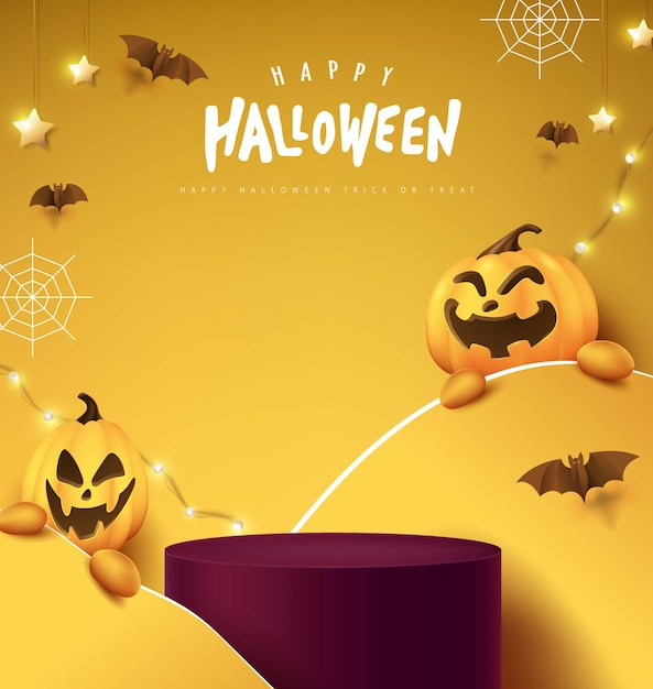 Happy Halloween banner or party invitation background with product display cylindrical shape and festive decoration for halloween