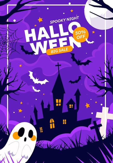 Happy halloween banner or party invitation background with violet fog clouds ghost and pumpkins