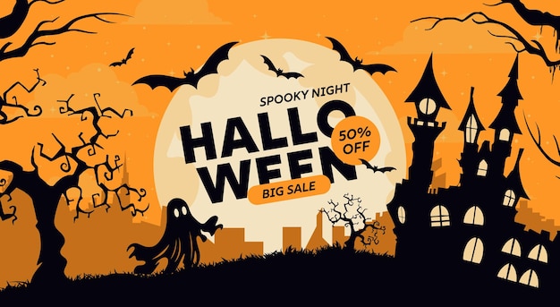 Happy halloween banner or party invitation background with violet fog clouds ghost and pumpkins