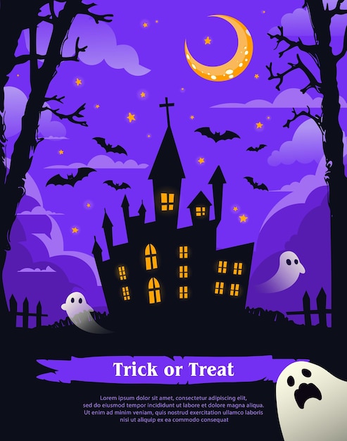 Happy halloween banner or party invitation background with violet fog clouds ghost and pumpkins