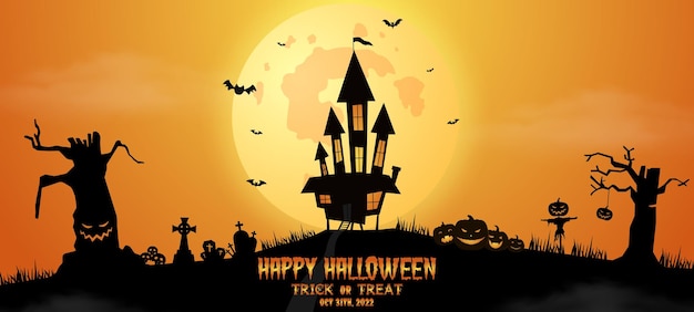 Happy halloween banner party invitation orange background with fog cloud, moon, bat,pumpkin, castle.