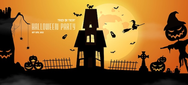 Happy halloween banner or party invitation orange background with fog, cloud sky, bats, and pumpkins