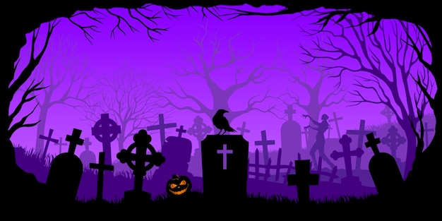 Vector happy halloween banner pumpkin in the cemetery on halloween vector illustration