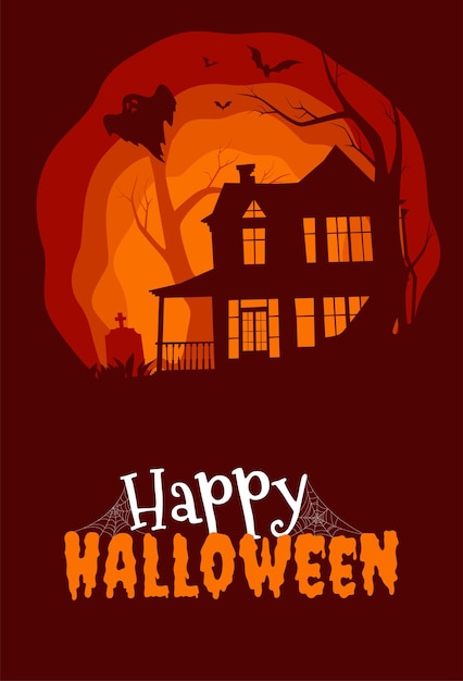 Happy Halloween Banner with scary silhouettes of trees graves and abandoned buildings Halloween background Vector illustration