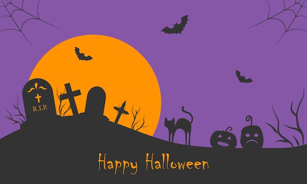 Happy Halloween banner with the silhouette of the cemetery against the background of the moon