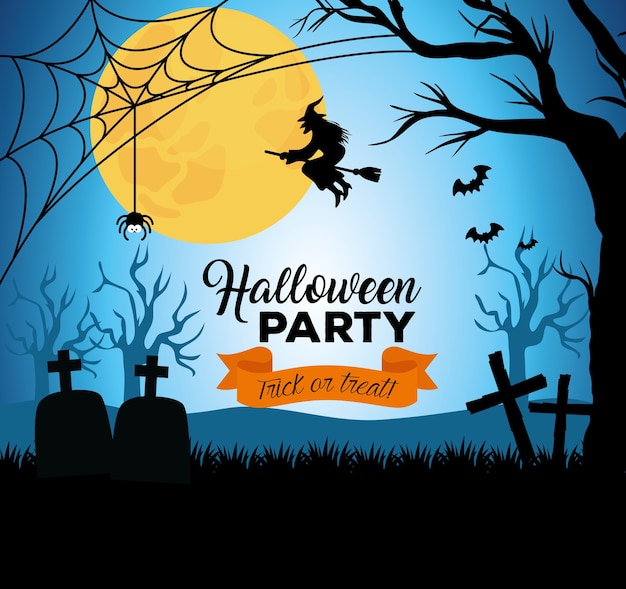 Happy halloween banner with silhouette witch flying and decoration on dark night