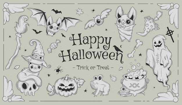 Happy halloween. Big set of horror hand drawn doodle. Collection halloween and magic elements.