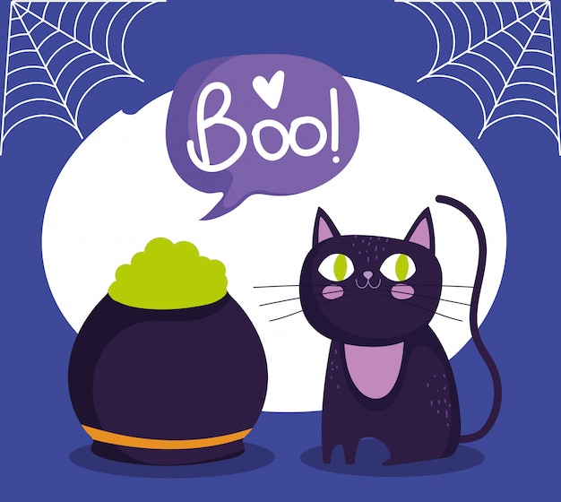 Happy halloween, black cat and cauldron potion spell trick or treat party celebration illustration