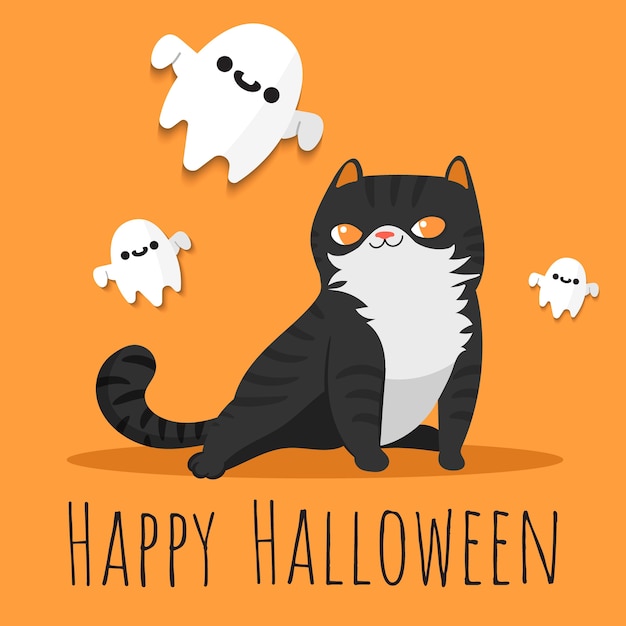 Happy Halloween Black cat and flying ghosts around.