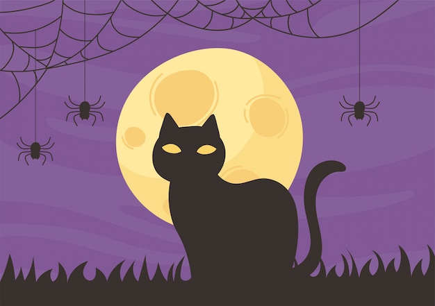 Happy halloween, black cat night moon bat trick or treat party celebration vector illustration