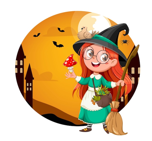 Happy Halloween bright greeting card. Cute girl witch. Beautiful little witch cartoon character. Stock vector illustration