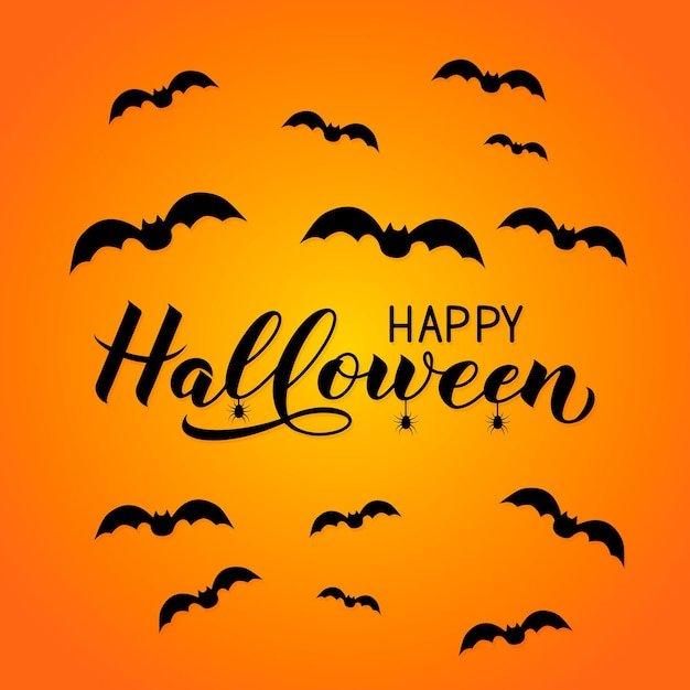 Happy Halloween calligraphy hand lettering with silhouette of spiders and bats Easy to edit vector template for greeting card banner typography poster party invitation tshirt etc