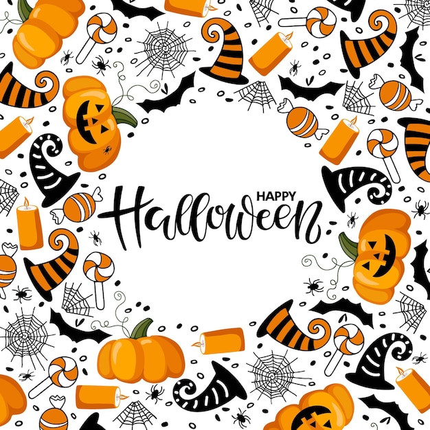 Happy Halloween calligraphy lettering. Halloween Round frame with black orange Pumpkin, hat