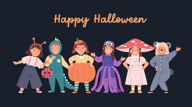 Happy Halloween card, banner background with kids disguised in party costumes. Children on October holiday night. Smiling kindergarten boys and girls friends. Colored flat vector illustration.