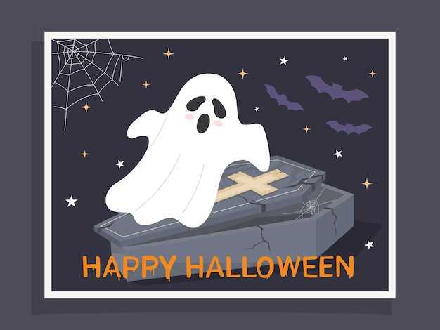 Happy halloween card designs with cute ghost and coffin