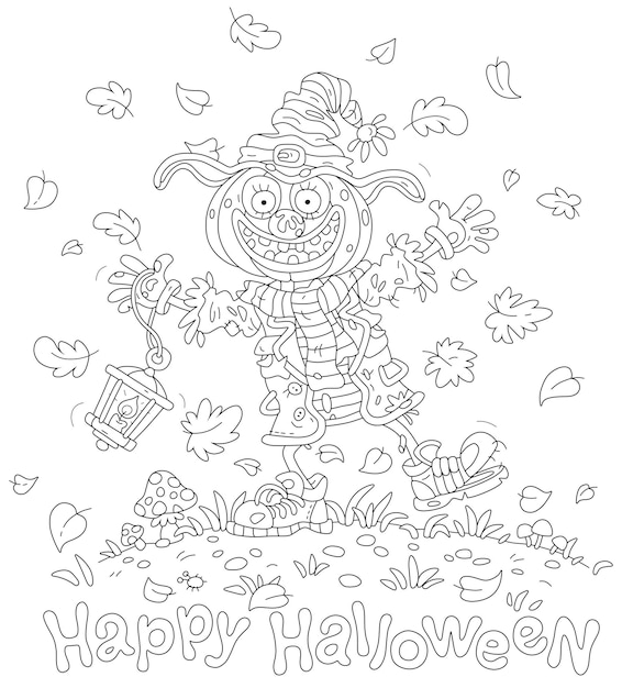 Happy Halloween card of a funny scarecrow with a pumpkin had walking among flying autumn leaves