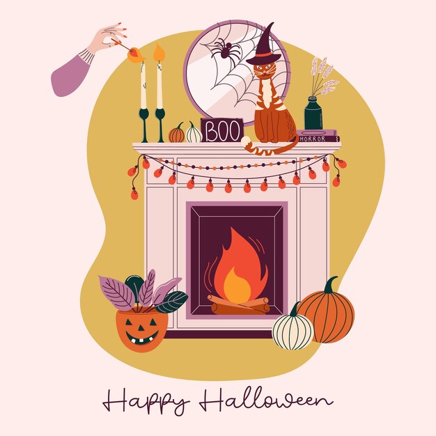 Vector happy halloween card or poster fireplace decorated for holiday female hand is sparking off candles