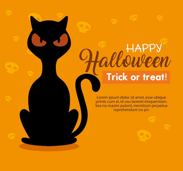 Happy halloween card with black cat on orange background