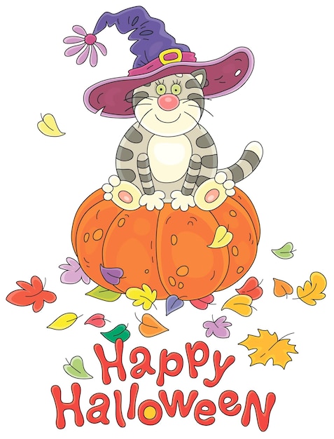 Happy Halloween card with a funny fat cat in a holiday hat of a witch sitting on a large pumpkin