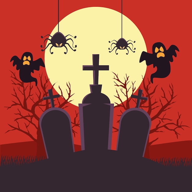 Happy halloween card with ghosts and spiders in cemetery night scene vector illustration design