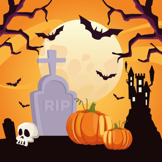 Happy halloween card with skull and pumpkin in cemetery