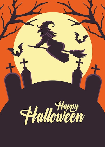 Happy halloween card with witch flying in broom over cemetery