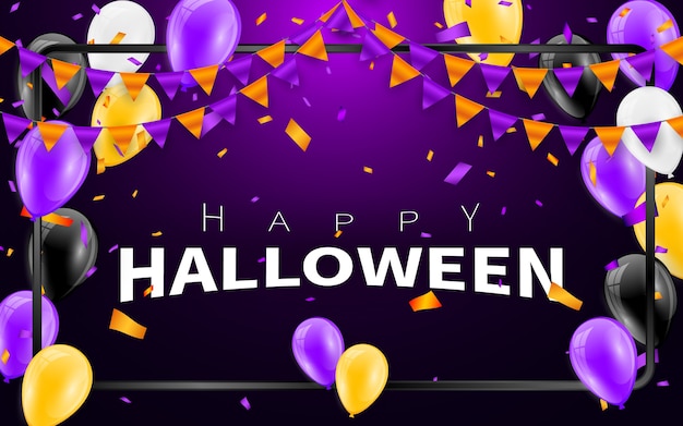 Happy Halloween Carnival Background. Orange purple flags garland, confetti concept for party . Celebration 