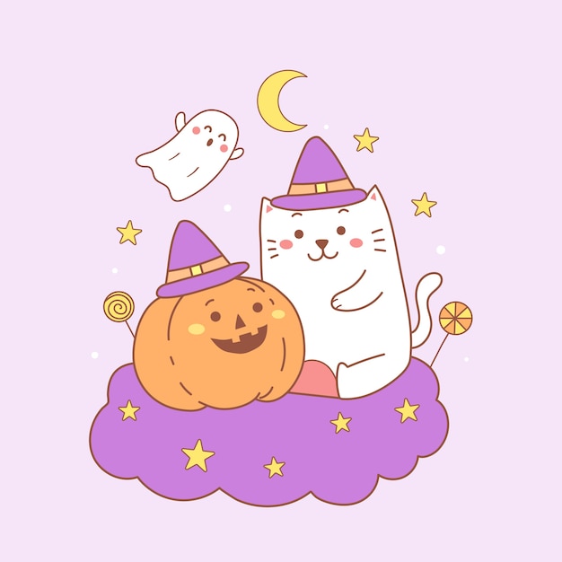 Happy Halloween cartoon cute cat and pumpkin.