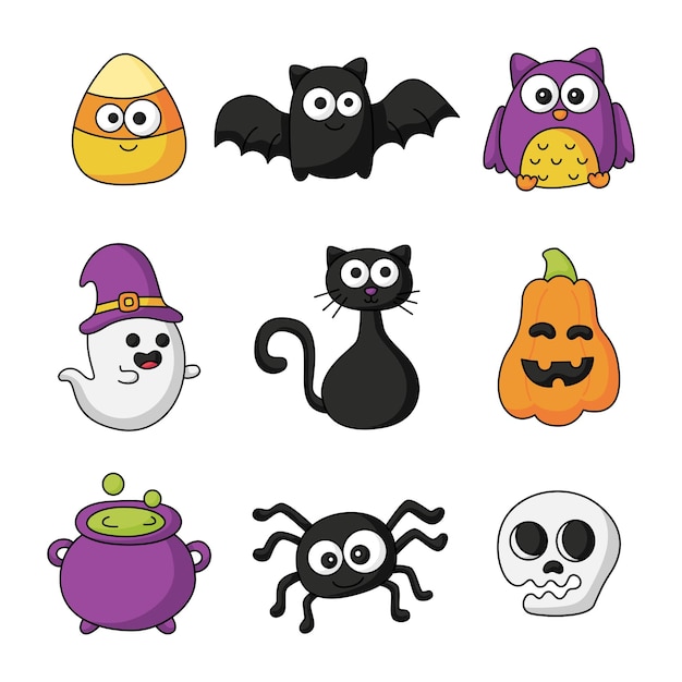 happy halloween cartoon simple elements set isolated on white background