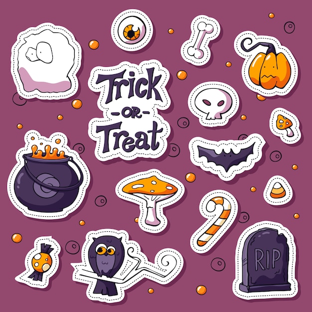 Happy Halloween cartoon sticker set. Label design elements with lettering