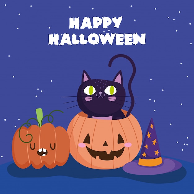 Happy halloween, cat in pumpkin hat night stars trick or treat party celebration illustration