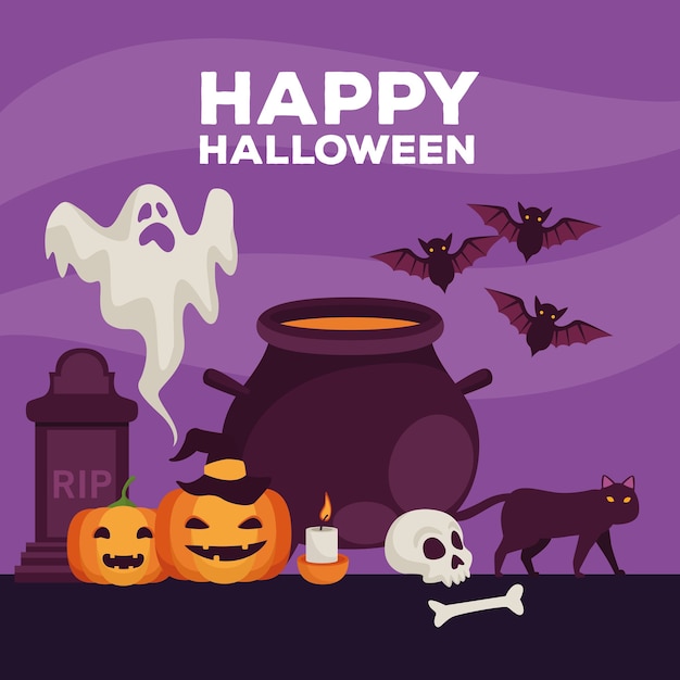 Happy halloween celebration card with cauldron and ghost vector illustration design