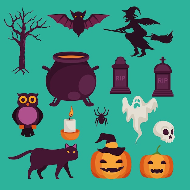 Happy halloween celebration card with set icons vector illustration design