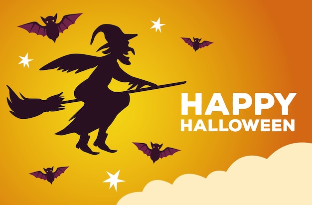 Happy halloween celebration card with witch flying in broom vector illustration design