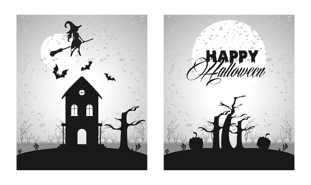 Happy halloween celebration card with witch flying and haunted castle scenes.