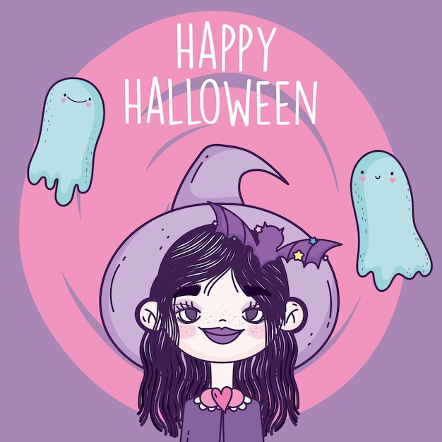 Happy halloween celebration girl with hat witch bat and ghosts