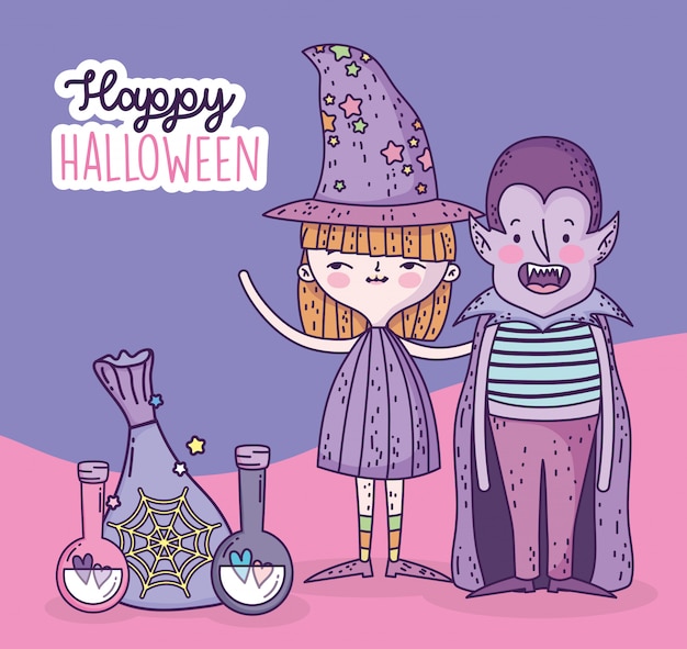 Happy halloween celebration girl with hat witch and dracula boy