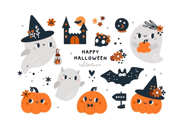 Happy Halloween collection with Pumpkins cute childish ghosts bat and magic elements