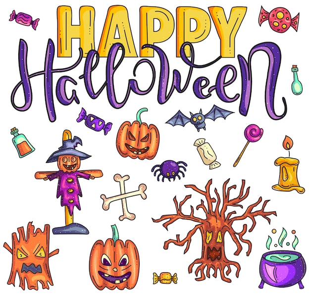 Happy Halloween colored doodle and lettering